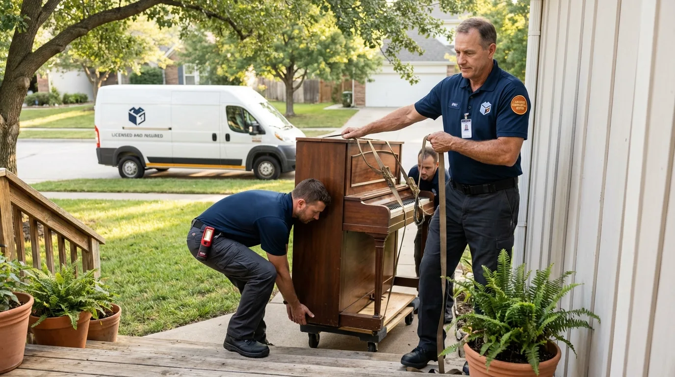 Licensed piano movers securing grand piano in Lyons, NY