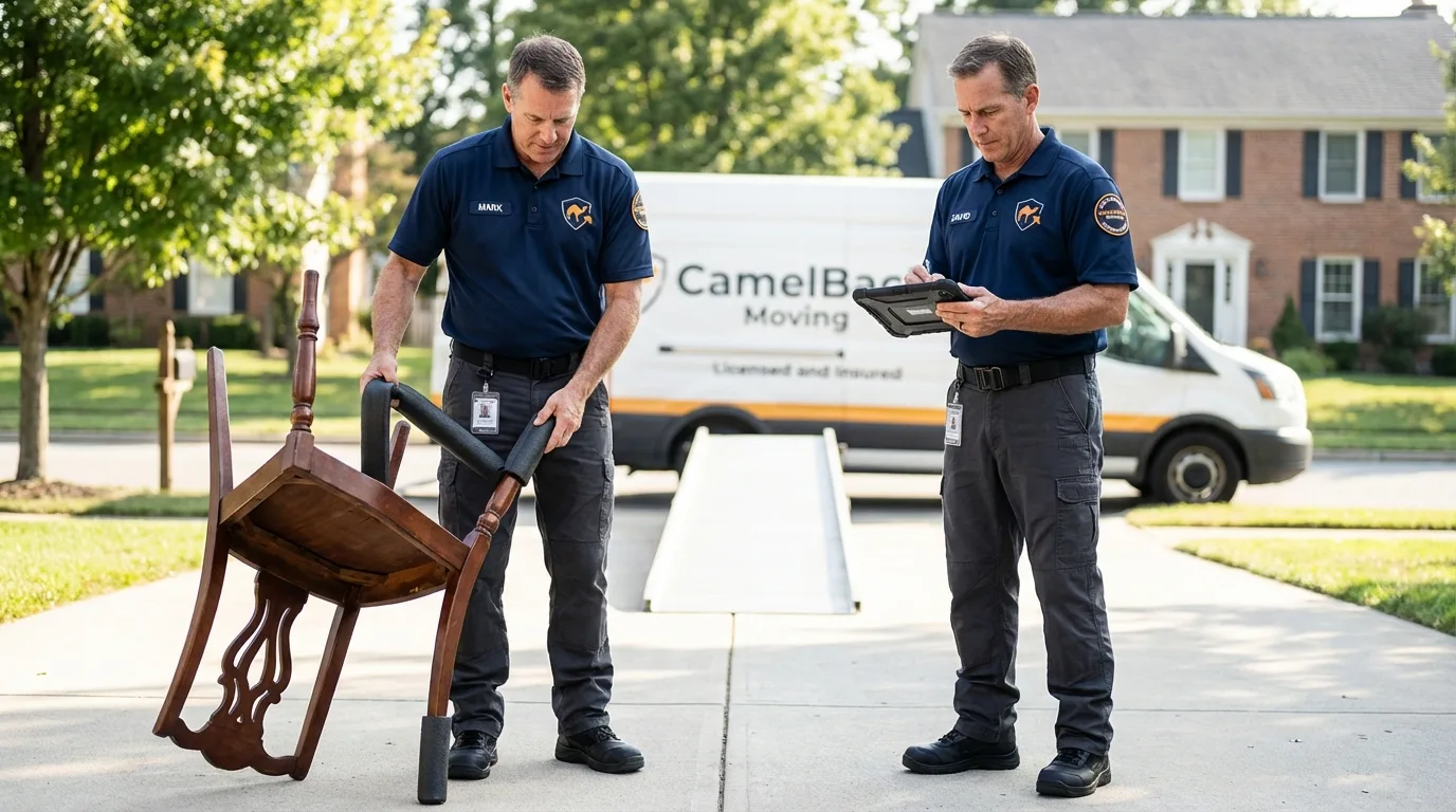 Movers inspecting furniture for damage prevention before loading in Lyons, NY