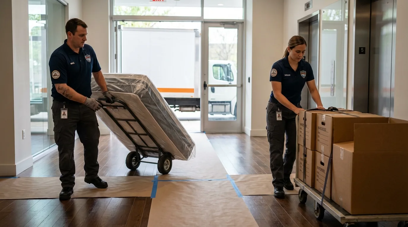 Professional apartment movers loading elevator in Lyons, NY