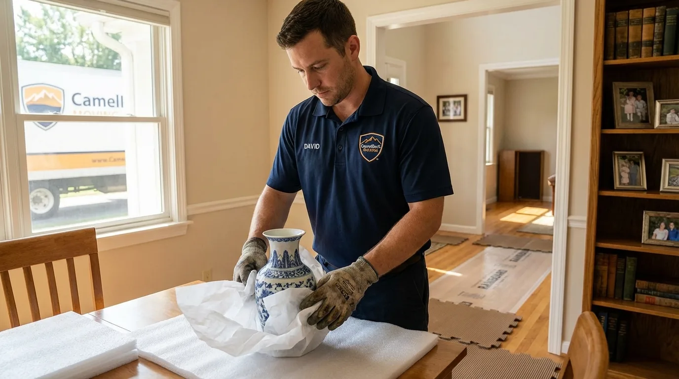 Professional crew carefully wrapping antique vase for senior downsizing move in Lyons, NY