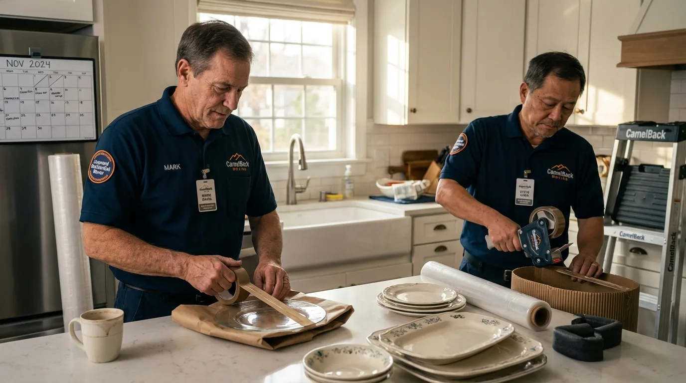 Professional crew packing kitchen dishware in Lyons, NY